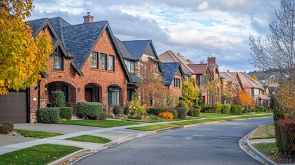 Fototapeta premium Serene suburban neighborhood with tree-lined streets, colorful flowerbeds, and cozy homes