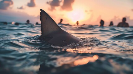 Fototapeta premium A shark fin breaks the surface of the water, with a group of swimmers in the background enjoying the sunset.