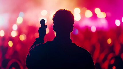 captivating view from behind singer on stage, illuminated by vibrant lights and cheering crowd. atmosphere is electric, filled with excitement and energy