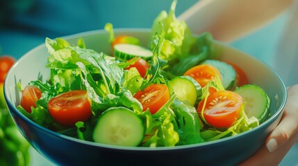 A cheerful person mixing a salad in a large bowl, with vibrant greens, tomatoes, and cucumbers, all enhanced by natural light streaming in. 