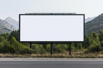 Blank billboard in nature with mountains and trees, ready for advertisement.