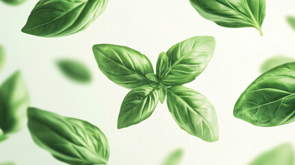 Naklejka premium Close-up of green basil leaves on white background