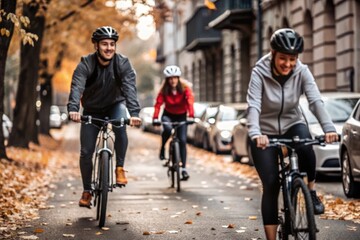 Friends riding bicycles on a tree-lined street during autumn in the city, surrounded by colorful fall leaves on a sunny day