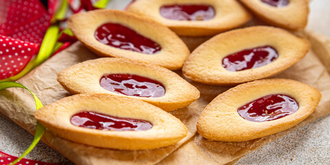 Cookies strawberry jam boat shape sweet christmas cookies delicious baked goods Christmas background New Year's holiday fresh meal food snack on the table copy space food background rustic top view