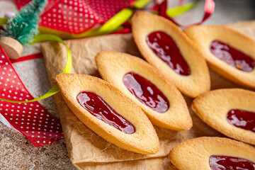 Cookies strawberry jam boat shape sweet christmas cookies delicious baked goods Christmas background New Year's holiday fresh meal food snack on the table copy space food background rustic top view