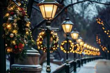 christmas lights in the park with lamps 