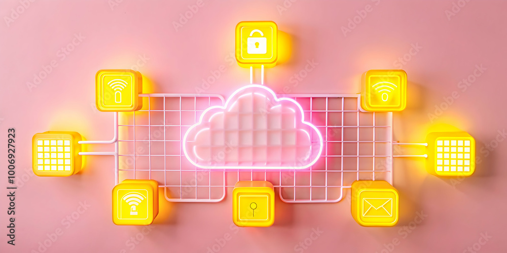 Poster cloud computing: a neon vision: a stylized illustration of a cloud computing network, with neon ligh