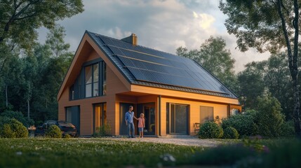 Happy family in front of Photovoltaics equiped house
