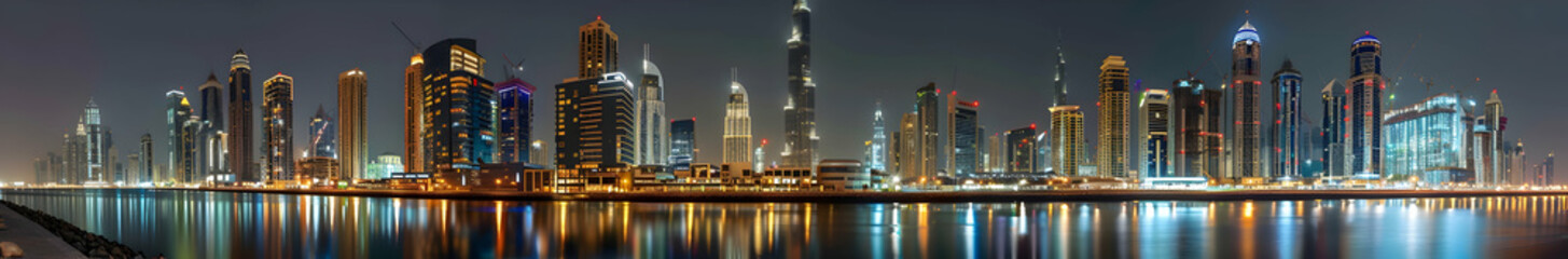 Fototapeta premium Panoramic view of Dubai's Business Bay at night, with illuminated buildings