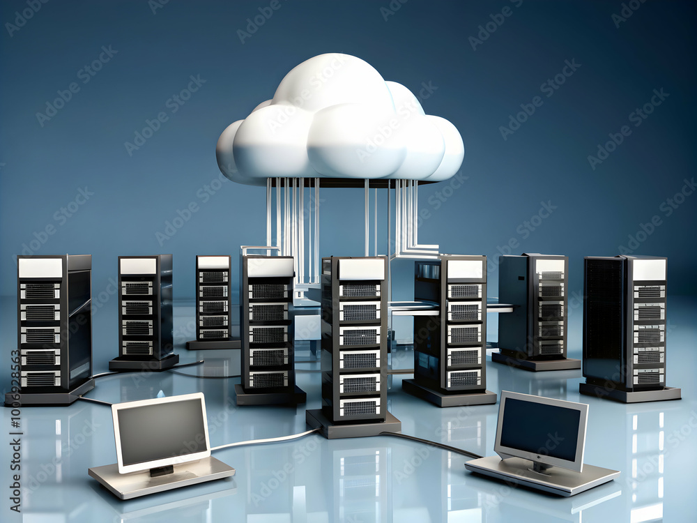 Poster cloud computing network: servers and cloud computing concept