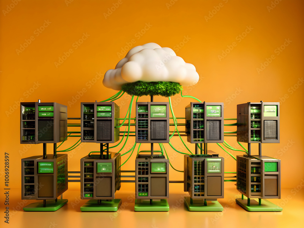 Poster cloud computing: a conceptual illustration showcasing a cluster of server racks connected to a cloud