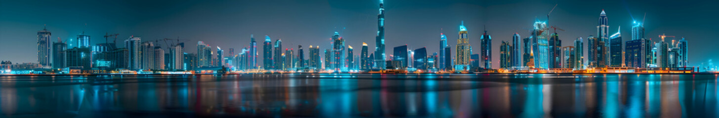 Fototapeta premium Panoramic view of the Dubai skyline with the buildings illuminated at night, Dubai Business Bay in the background