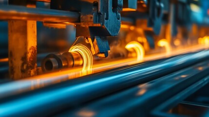 Fototapeta premium An industrial machine at a sheet metal production plant winds molten metal into a ball to then produce sheet metal of the required size using artificial intelligence.