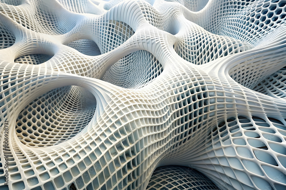 Poster Abstract 3D Grid Landscape:  Organic forms intertwine in a mesmerizing, futuristic landscape.  A complex grid structure creates depth and texture in this captivating abstract digital art.