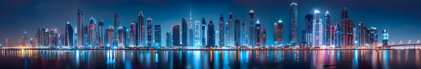 Fototapeta premium Panoramic view of Dubai's Business Bay at night, with illuminated buildings