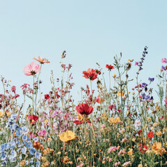 Obraz premium vibrant floral garden filled with colorful wildflowers under clear blue sky, creating cheerful and serene atmosphere