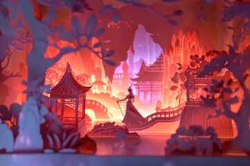 Obraz premium A vibrant paper cutout scene depicting a fantastical landscape with a figure in a flowing gown, surrounded by illuminated mountains and architectural elements.