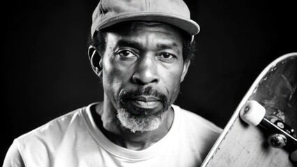 Portrait of an older skateboarder holding his board, showcasing passion and dedication in a studio setting