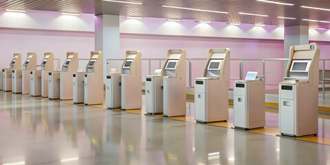 Fototapeta premium Airport Check-in Kiosks: A row of modern, self-service check-in kiosks line the airport terminal, offering travelers a streamlined and efficient check-in experience. 