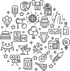 Holiday party icon set in round shape. Celebration symbols