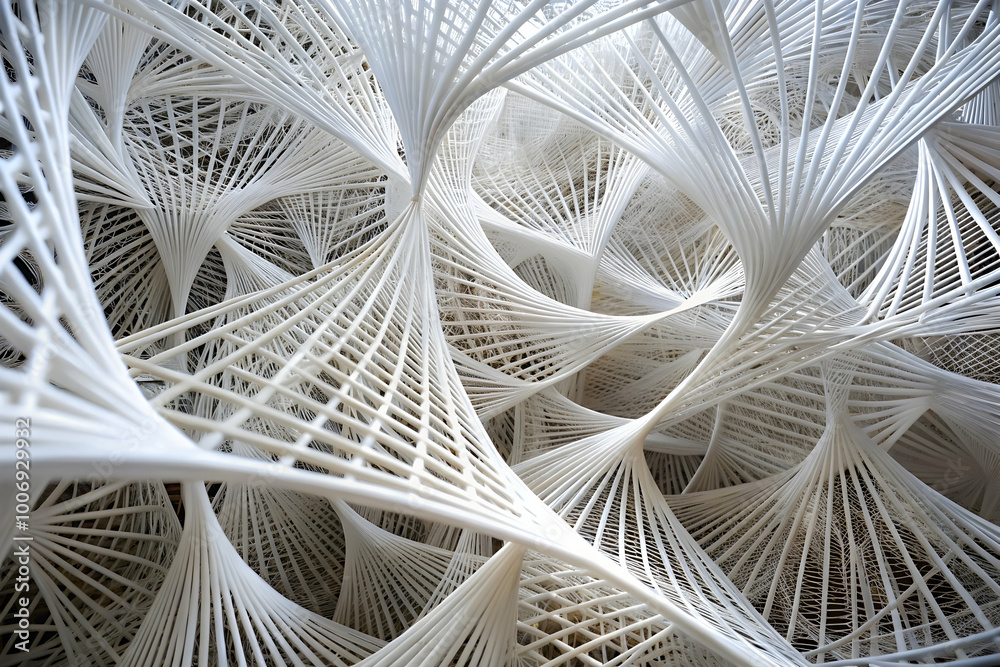 Poster Interwoven Abstract: A captivating abstract artwork featuring a mesmerizing network of white lines, creating a intricate and dynamic composition of intersecting curves. The lines dance and intertwine.