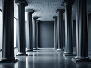 Hall of Pillars: A stark yet elegant hallway adorned with rows of imposing Romanesque columns, casting long shadows across the polished floor, creating a sense of grandeur and timeless beauty.