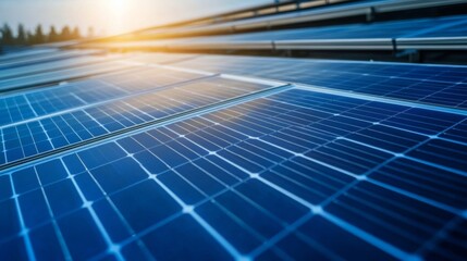 Solar Panels Under Sunset Light at Renewable Energy Site