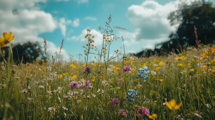 Vibrant wildflower meadow under blue sky