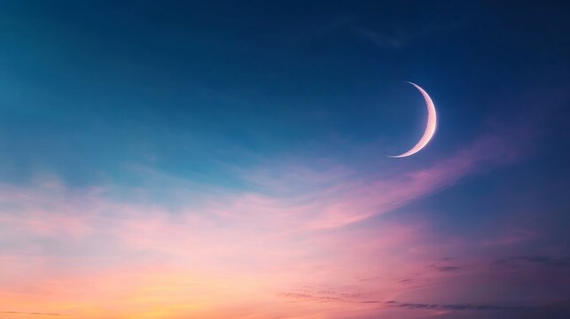 A bright crescent moon graces the twilight sky, accompanied by a single twinkling star. The colors transition from deep blue to pale pink, creating a tranquil nighttime atmosphere