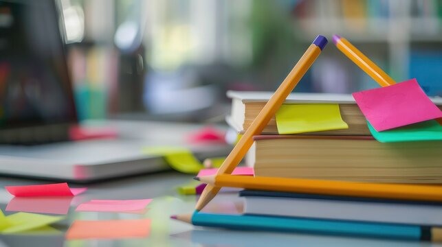 A stack of books with two pencils forming a triangle, surrounded by colorful sticky notes on a desk.