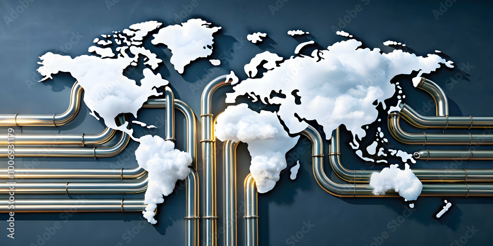 Poster global network: a 3d rendering of a world map formed by clouds, interconnected by a network of gleam