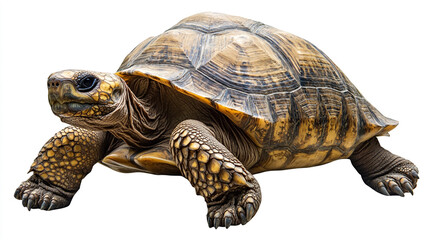 Fototapeta premium A large tortoise walking across a flat surface, showcasing its detailed shell and limbs
