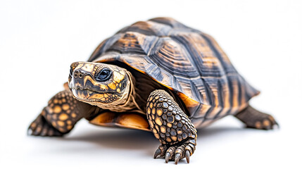 Obraz premium A close-up of a tortoise walking on a white surface, showcasing its intricate shell patterns