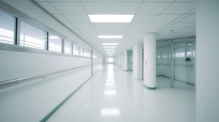 Empty modern hospital corridor, clinic hallway interior background