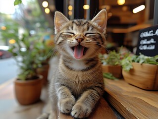 Funny Smiling Cat with Eyes Closed and Tongue Sticking Out on a table in the street