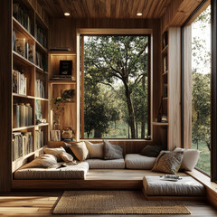 cozy living room featuring wooden interior design with ample bookshelves, large windows, and comfortable seating area. natural light enhances warm atmosphere, creating serene reading nook