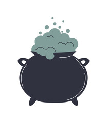 Happy Halloween. Witch's cauldron with potion. Creepy Halloween boller. Green poisonous brew with bubbles. Boiling potion. Flat vector illustration on white background.