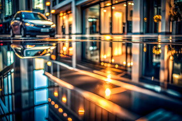 Fototapeta premium City Reflections: A car drives through a rainy city street, its reflection shimmering in a puddle, creating a mesmerizing mirror image of the urban landscape.