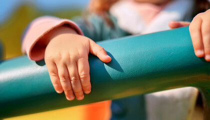 Young boy climbing on the playground during the summer. The child likes to climb the monkey bar on the playground in the fresh air. Little boy hands