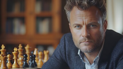 A man is sitting in front of a chess board with a serious expression on his face