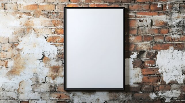 A black frame with a white background is hanging on a brick wall