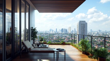 Fototapeta premium Scenic view from balcony of urban apartment. City skyline viewed from balcony