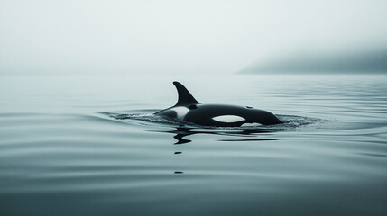 Fototapeta premium Orca swimming gracefully in foggy waters of the Pacific Ocean during early morning hours