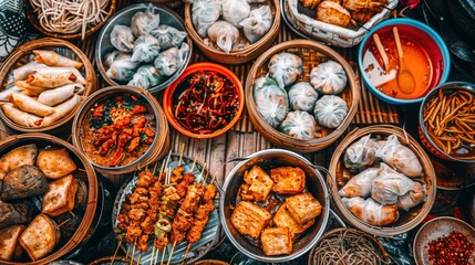 Fototapeta premium Vibrant Street Food Market with Diverse Dishes