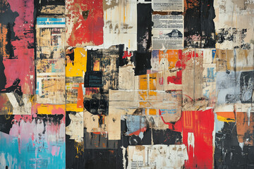 Abstract collage of ripped and torn posters with different text, newspaper cutouts, street art