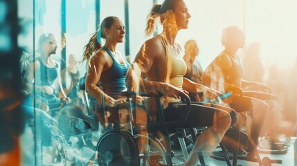 Professional Stock Photography, double exposure style, A group of people of different abilities participate in an accessible fitness class.