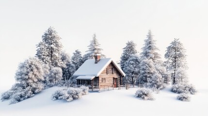Naklejka premium Cozy wooden cabin surrounded by snowy trees in a winter wonderland, evoking a peaceful and serene atmosphere.