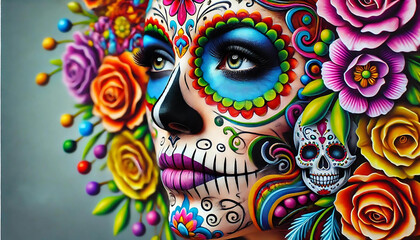A woman with colorful sugar skull makeup, adorned with vibrant flowers, representing D&iacute;a de los Muertos' festive spirit, generative ai
