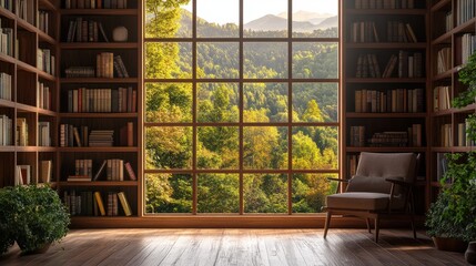 scenic bookshelf background interior home office library study window view of trees and hills backdrop. Rustic wood bookshelves in cozy room. Virtual online presentation teams meeting room background
