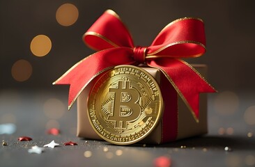 Bitcoin BTC Cryptocurrency gift box on the Christmas Backgrounds. Stock Market Concept. Christmas New Year Gift